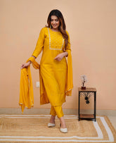 PRAGATI YELLOW  COLOURED  WOMEN'S RAYON SLUB  EMBROIDERED  KURTA WITH PANT DUPATTA SET